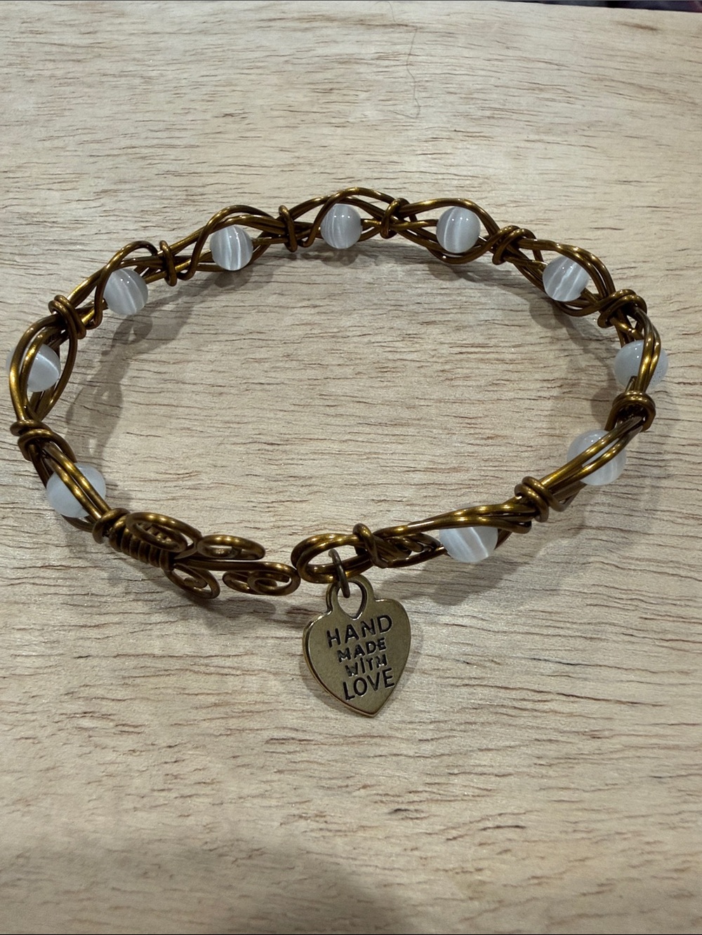 Antique Copper Tone with White Beads Twisted Wire Bracelet - Women